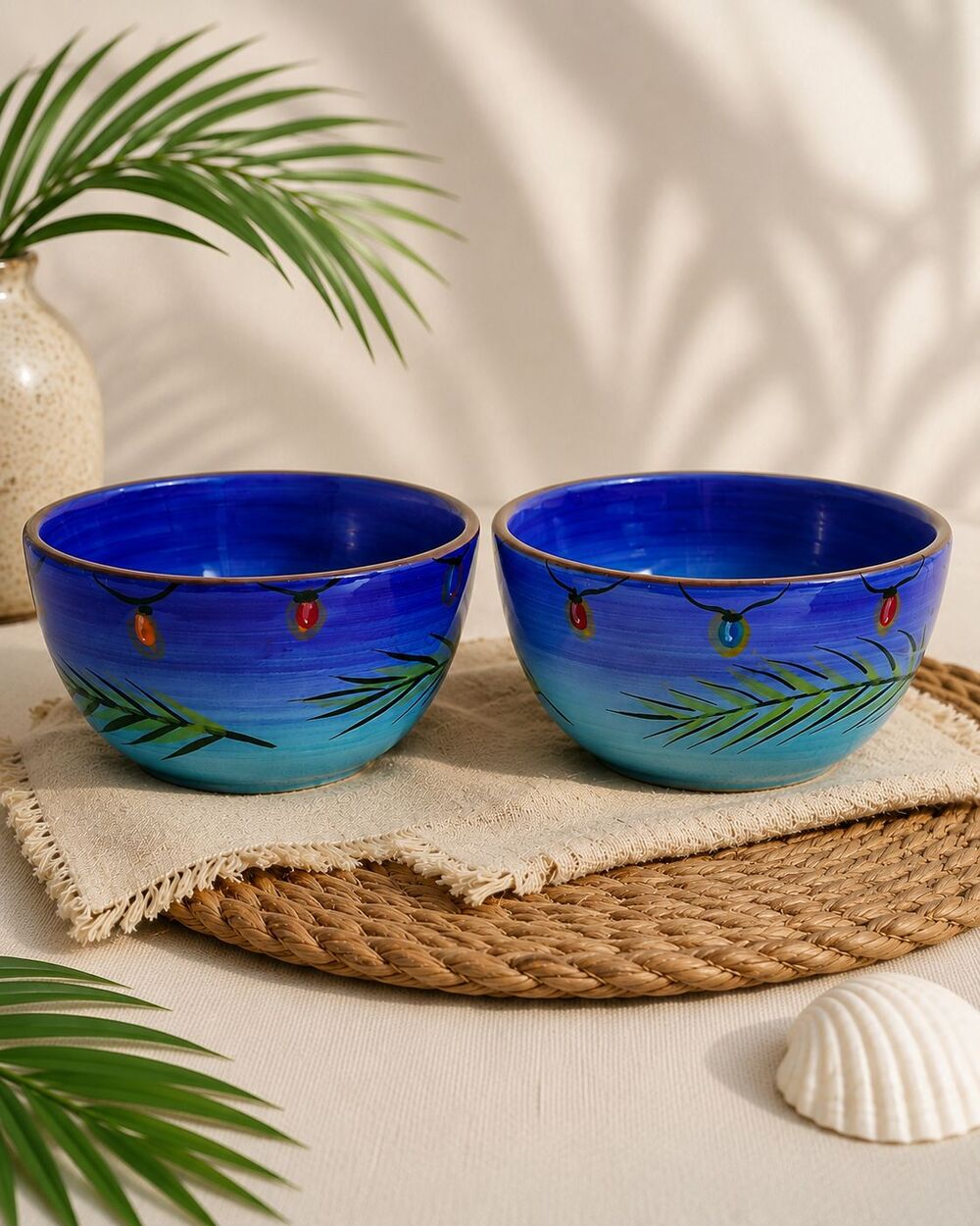 2 Clay Art Hand Painted Tropical Palm Tree Christmas Light Blue Ceramic Bowls 6"